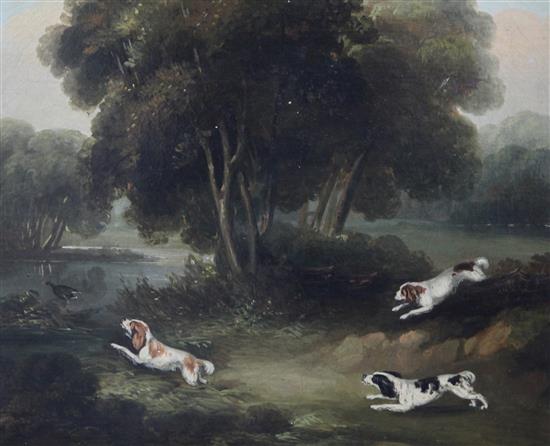 Early 19th century English School Portrait of a horse and a hound in a landscape and Spaniels chasing waterfowl, 10 x 12in.